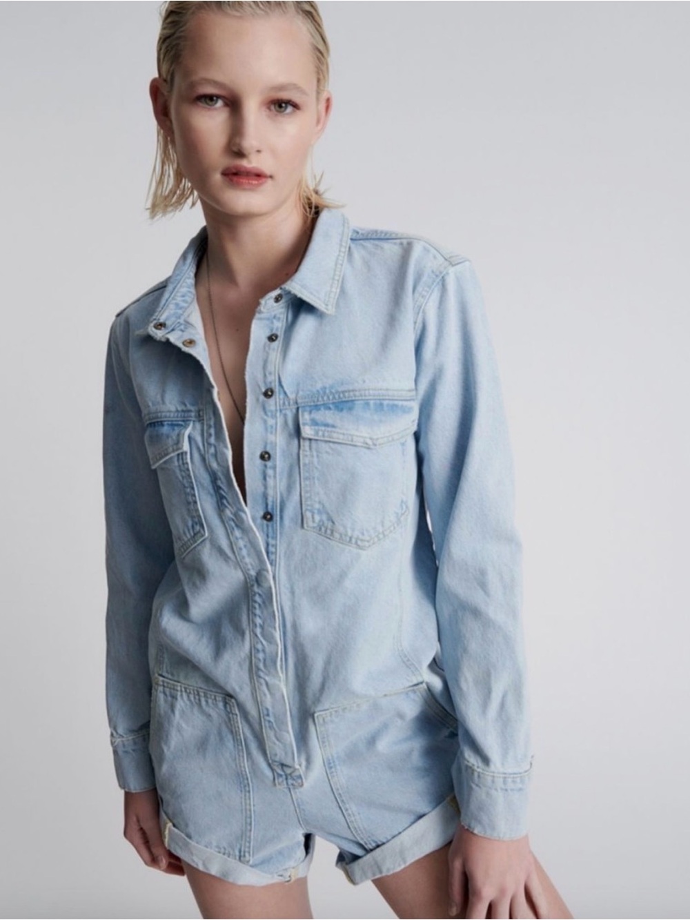 One Teaspoon by FP- Light Wash Denim Romper with (upside down) Pink Spray Smiley